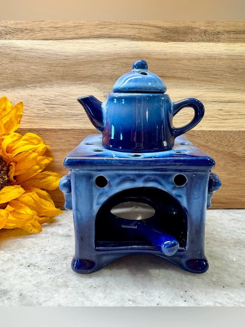 New Rustic Blue Ceramic Stove & Tea Pot Tea Light Candle Oil Warmer Diffuser 6”